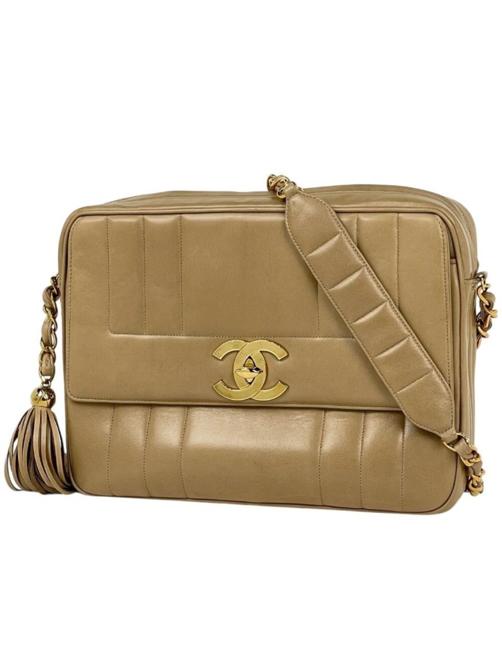 Chanel Shoulder Bag CC Logo Mademoiselle Leather Beige